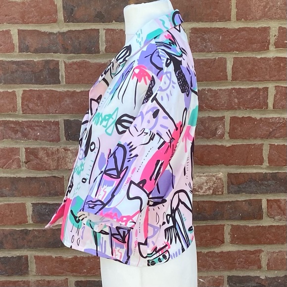 SHEIN Size L Large Cropped Short Sleeve Abstract Print Blouse Button Up Retro - Picture 2 of 9